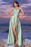 Elegant A-Line Green Satin Spaghetti Straps Corset Long Bridesmaid Dress with Slit