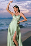 Elegant A-Line Green Satin Spaghetti Straps Corset Long Bridesmaid Dress with Slit