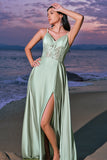 Elegant A-Line Green Satin Spaghetti Straps Corset Long Bridesmaid Dress with Slit