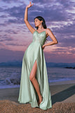 Elegant A-Line Green Satin Spaghetti Straps Corset Long Bridesmaid Dress with Slit