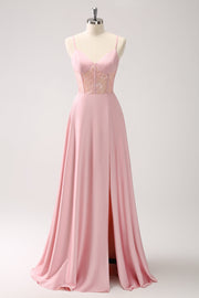 Pink A-Line Spaghetti Straps Corset Satin Long Bridesmaid Dress with Slit