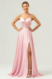 A-Line Spaghetti Straps Corset Satin Pink Bridesmaid Dress with Slit