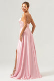 A-Line Spaghetti Straps Corset Satin Pink Bridesmaid Dress with Slit