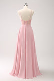 A-Line Spaghetti Straps Corset Satin Pink Bridesmaid Dress with Slit