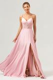 A-Line Spaghetti Straps Corset Satin Pink Bridesmaid Dress with Slit