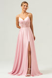 A-Line Spaghetti Straps Corset Satin Pink Bridesmaid Dress with Slit