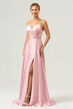 A-Line Spaghetti Straps Corset Satin Pink Bridesmaid Dress with Slit