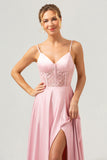 A-Line Spaghetti Straps Corset Satin Pink Bridesmaid Dress with Slit