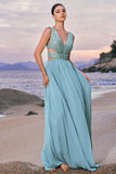 Sparkly Grey Green A-Line V Neck Hollow Out Long Bridesmaid Dress with Sequins