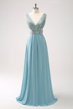 Grey Green A-Line V Neck Sequins Chiffon Long Bridesmaid Dress