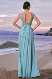 Sparkly Grey Green A-Line V Neck Hollow Out Long Bridesmaid Dress with Sequins