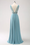 Grey Green A-Line V Neck Sequins Chiffon Long Bridesmaid Dress