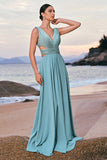 Sparkly Grey Green A-Line V Neck Cut Out Long Bridesmaid Dress with Sequins