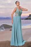 Sparkly Grey Green A-Line V Neck Hollow Out Long Bridesmaid Dress with Sequins