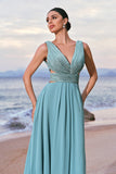 Sparkly Grey Green A-Line V Neck Cut Out Long Bridesmaid Dress with Sequins