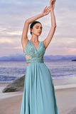 Sparkly Grey Green A-Line V Neck Hollow Out Long Bridesmaid Dress with Sequins