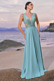 Sparkly Grey Green A-Line V Neck Hollow Out Long Bridesmaid Dress with Sequins