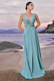 Sparkly Grey Green A-Line V Neck Hollow Out Long Bridesmaid Dress with Sequins