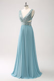 Grey Green A-Line V Neck Sequins Chiffon Long Bridesmaid Dress