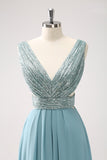 Grey Green A-Line V Neck Sequins Chiffon Long Bridesmaid Dress