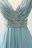 Grey Green A-Line V Neck Sequins Chiffon Long Bridesmaid Dress