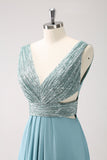 Grey Green A-Line V Neck Sequins Chiffon Long Bridesmaid Dress