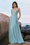 Glitter Grey Green A-Line Sequin Chiffon Long Bridesmaid Dress with Slit