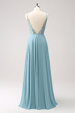 Sparkly Grey Green A Line Spaghetti Straps Chiffon Long Bridesmaid Dress with Slit