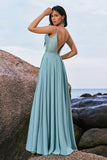 Glitter Grey Green A-Line Sequin Chiffon Long Bridesmaid Dress with Slit