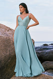 Glitter Grey Green A-Line Sequin Chiffon Long Bridesmaid Dress with Slit