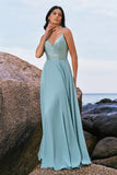 Glitter Grey Green A-Line Sequin Chiffon Long Bridesmaid Dress with Slit