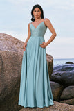 Glitter Grey Green A-Line Sequin Chiffon Long Bridesmaid Dress with Slit