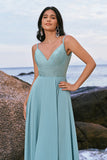 Glitter Grey Green A-Line Sequin Chiffon Long Bridesmaid Dress with Slit