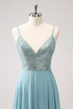 Sparkly Grey Green A Line Spaghetti Straps Chiffon Long Bridesmaid Dress with Slit