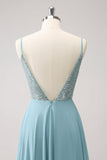 Sparkly Grey Green A Line Spaghetti Straps Chiffon Long Bridesmaid Dress with Slit