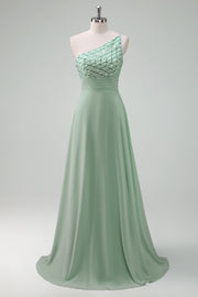 Sparkly Green A Line One Shoulder Floor Length Bridesmaid Dress