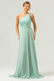 Sparkly Green A Line One Shoulder Satin Long Bridesmaid Dress