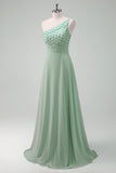 Sparkly Green A Line One Shoulder Floor Length Bridesmaid Dress