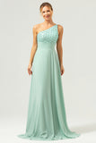 Sparkly Green A Line One Shoulder Satin Long Bridesmaid Dress