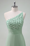 Sparkly Green A Line One Shoulder Floor Length Bridesmaid Dress