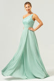 Sparkly Green A Line One Shoulder Satin Long Bridesmaid Dress