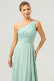 Sparkly Green A Line One Shoulder Satin Long Bridesmaid Dress