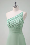 Sparkly Green A Line One Shoulder Floor Length Bridesmaid Dress