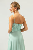 Sparkly Green A Line One Shoulder Satin Long Bridesmaid Dress