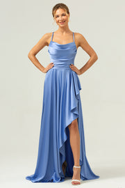 A Line Cowl Neck Satin Asymmetrical Ruffled Blue Bridesmaid Dress