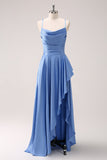 Blue A Line Cowl Neck Satin Asymmetrical Ruffled Bridesmaid Dress with Slit