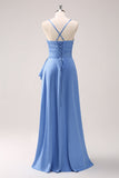 Blue A Line Cowl Neck Satin Asymmetrical Ruffled Bridesmaid Dress with Slit