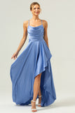 A Line Cowl Neck Satin Asymmetrical Ruffled Blue Bridesmaid Dress