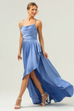 A Line Cowl Neck Satin Asymmetrical Ruffled Blue Bridesmaid Dress