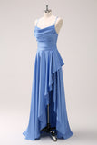 Blue A Line Cowl Neck Satin Asymmetrical Ruffled Bridesmaid Dress with Slit